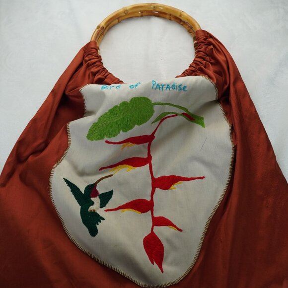 MayaBags Hand-Embroidered Bird of Paradise Bamboo Handle Tote Bag‎ - Picture 7 of 10